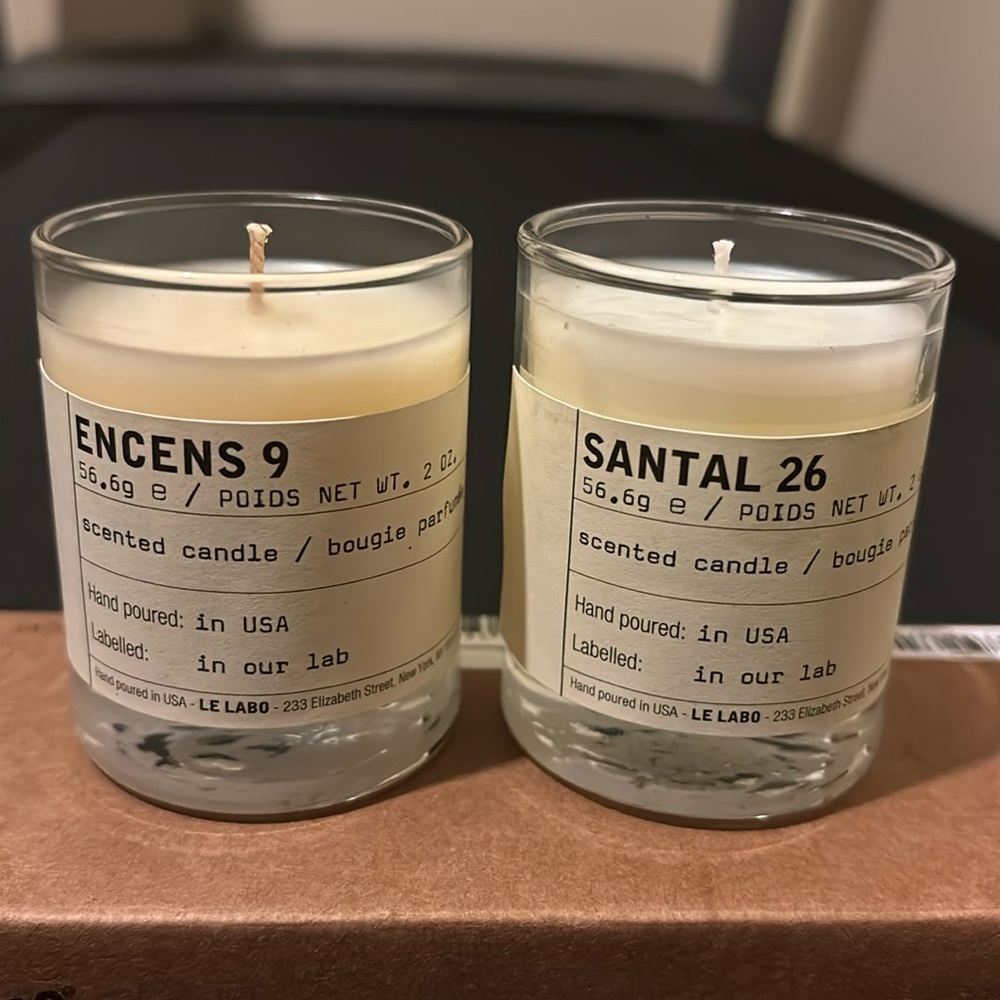Two Le Labo 2oz candles: Encens 9 and Santal 26